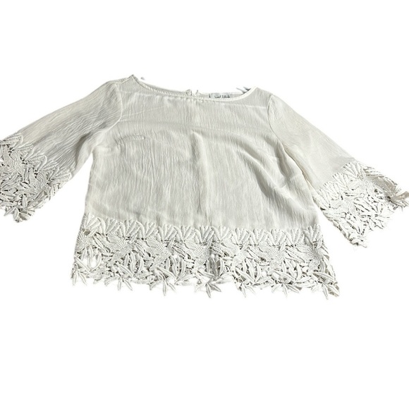 Joseph Ribkoff white heavy lace Trim Blouse.PTP 19”, OVERSIZED,sheer,boxy - Picture 9 of 16